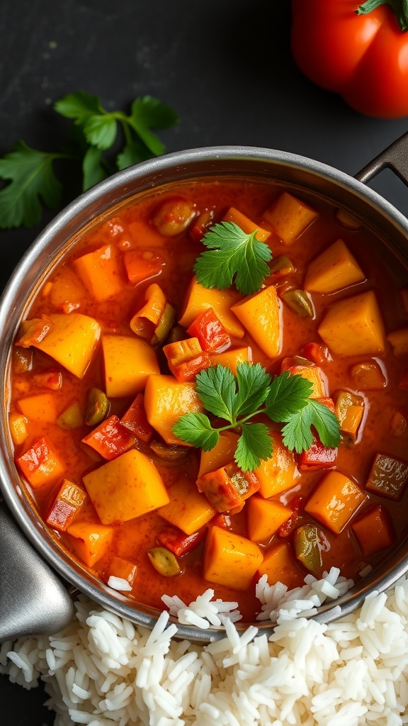 A bowl of colorful vegetable curry with rice, garnished with fresh cilantro.