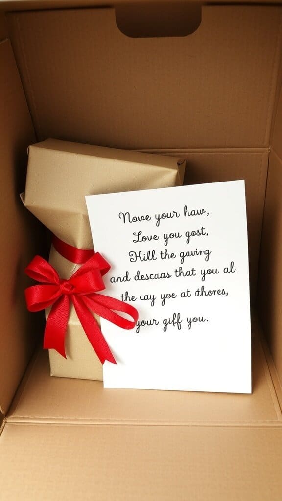 A wrapped gift with a red ribbon and a handwritten note inside a cardboard box.