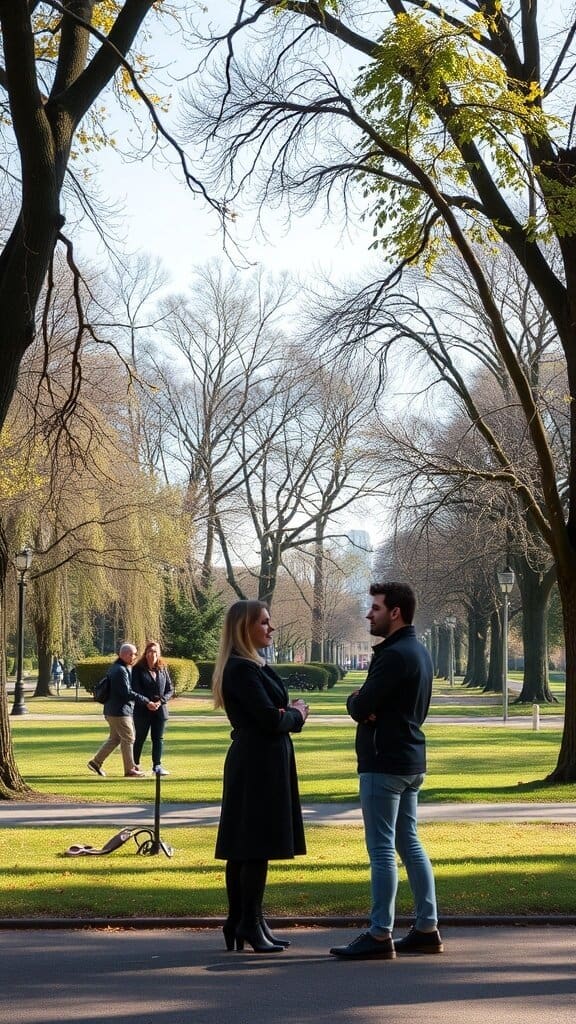 A man and a woman talking in a park, symbolizing mutual respect and boundaries in a relationship.