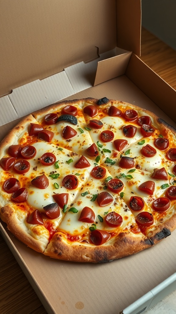 A pizza with pepperoni and cheese in a pizza box