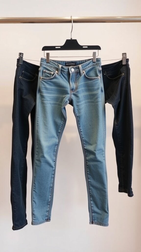 A display of skinny jeans in the center, flanked by two pairs of dark jeans, illustrating different styles.