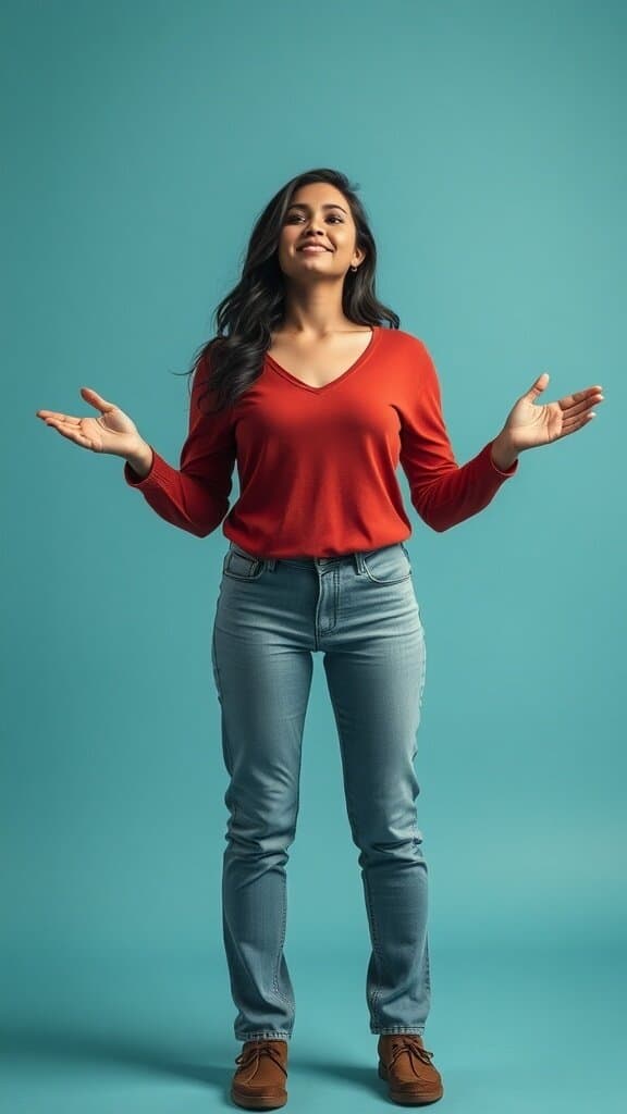 A woman smiling with open arms in a social setting, showcasing positive body language.