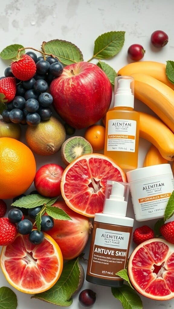 An assortment of fruits and skincare products emphasizing the importance of antioxidants in skincare.
