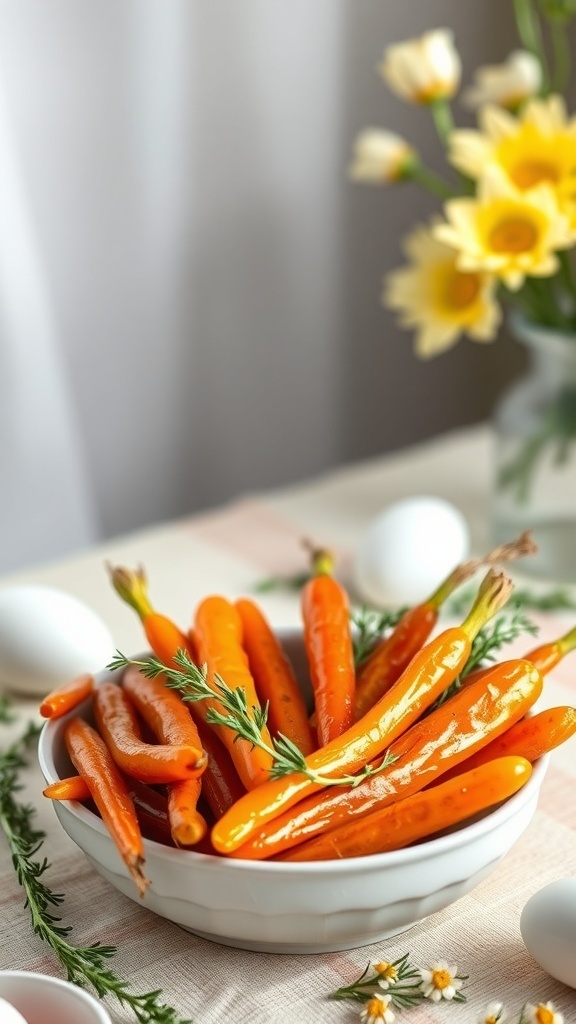 A bowl of honey glazed carrots with thyme, surrounded by decorative elements for an Easter brunch.