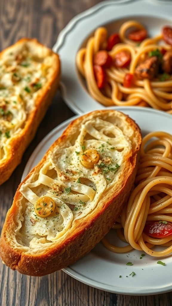 A plate of garlic bread with pasta, showcasing a crispy texture.