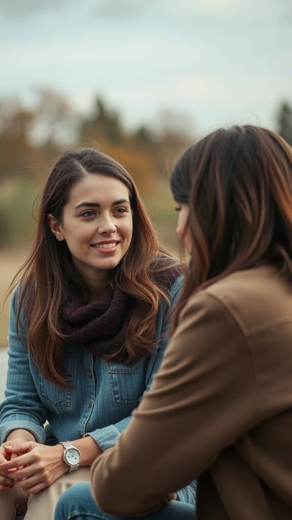 Two women smiling and talking to each other in a relaxed outdoor setting.