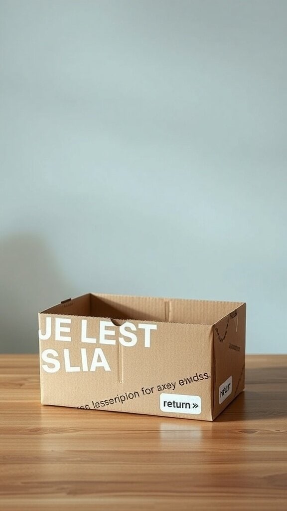 An empty cardboard box with a 'return' label on a wooden table.