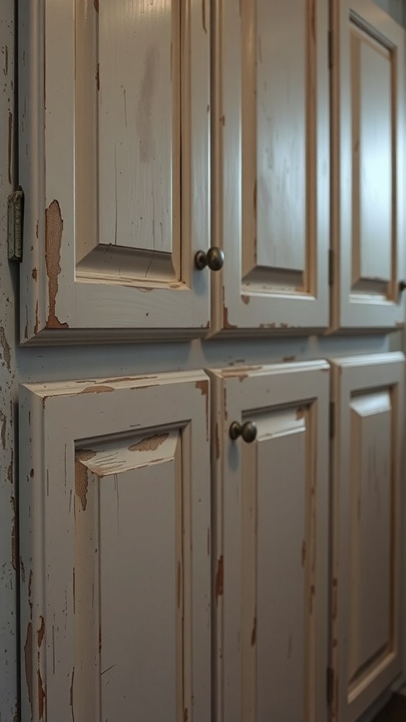 Close-up of worn-out kitchen cabinetry with chipped paint and visible wear