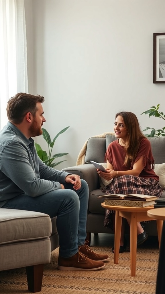A man and woman sitting together in a cozy room, engaged in a conversation, with the man listening attentively to the woman.