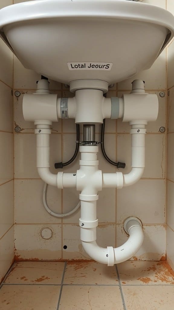 Exposed plumbing under a sink showing visible pipes and some wear.