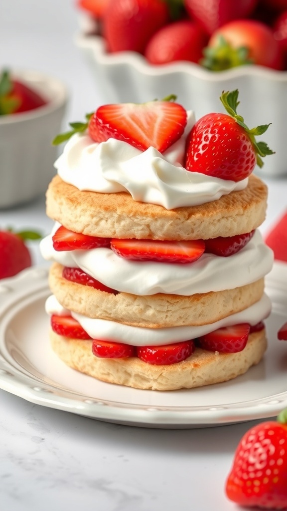 A stack of no bake strawberry shortcake with whipped cream and fresh strawberries on a plate.