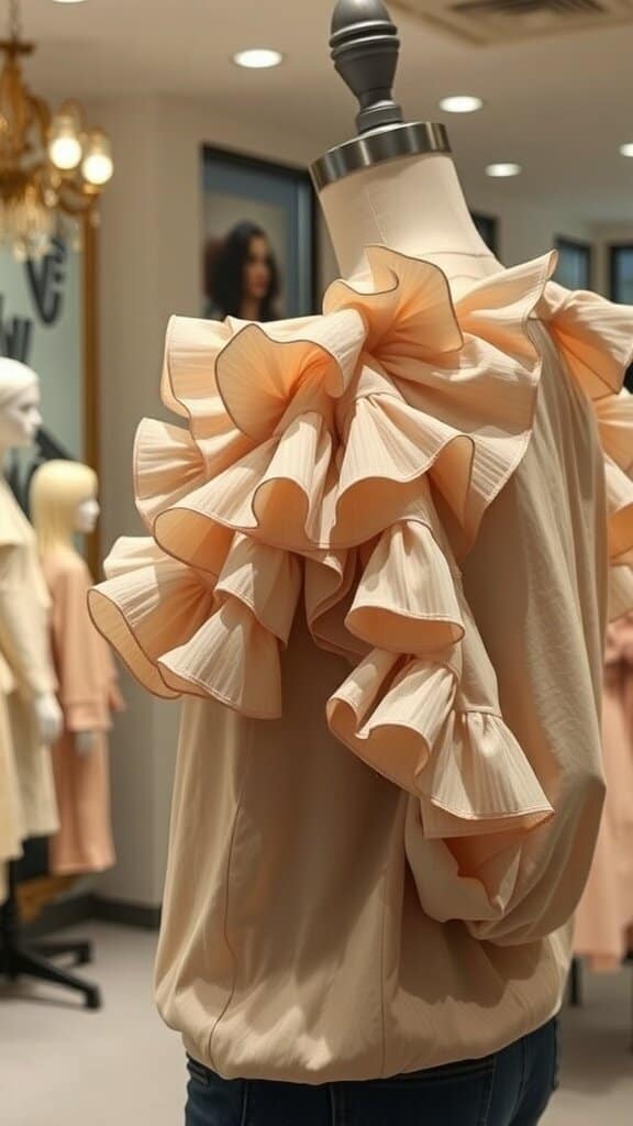 A mannequin displaying a top with large ruffles on one shoulder, set in a boutique.