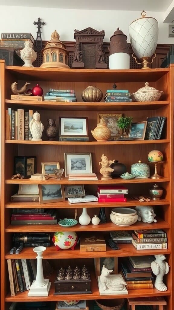A cluttered bookshelf filled with various decorative items and books.
