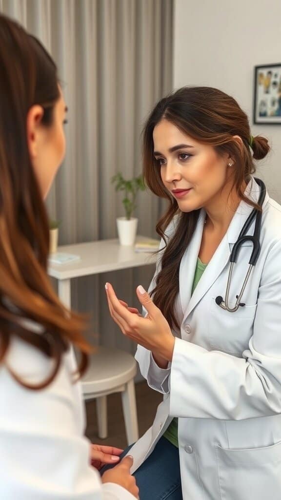 A patient consulting with a dermatologist in a medical office.