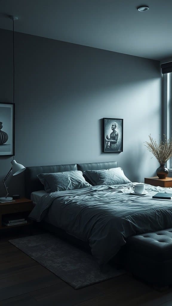A dark and moody bedroom featuring gray walls, a stylish bed with gray bedding, and black and white artwork.