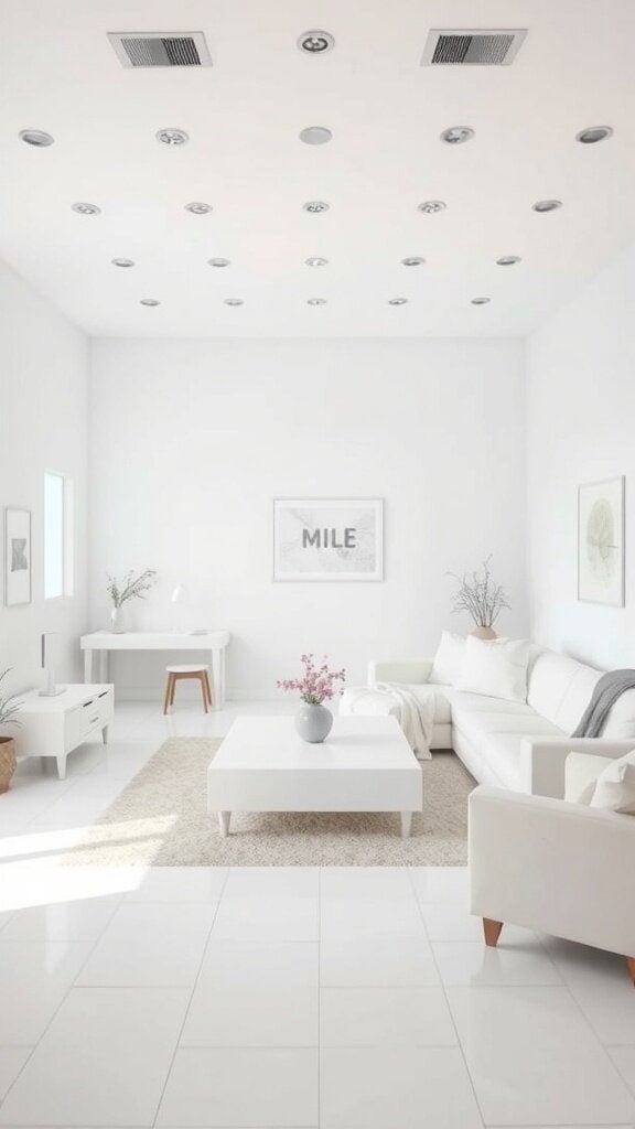 A bright, all-white living room with minimalist decor.