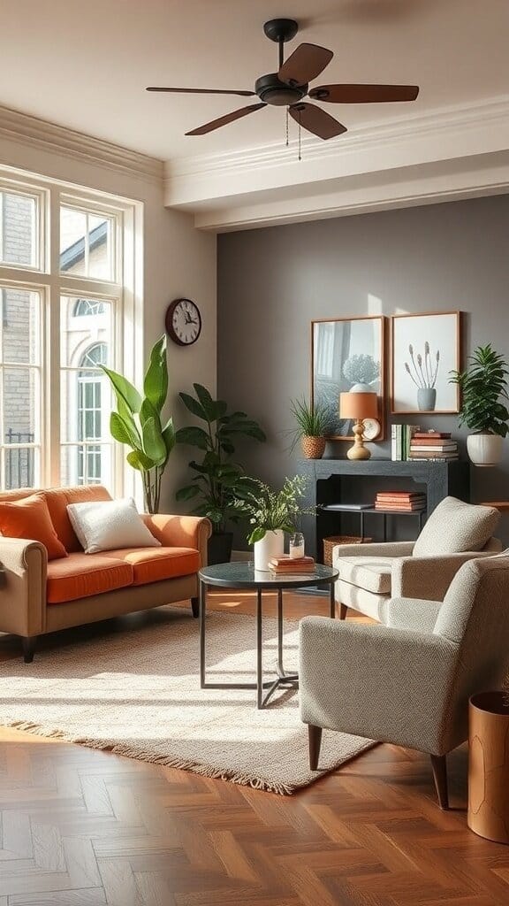 A cozy living room with an orange sofa, soft armchairs, and plants, creating a relaxing atmosphere.