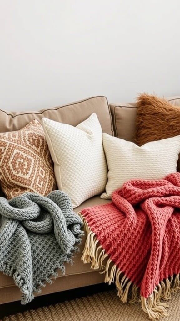 A cozy couch with various textured pillows and throws in soft colors.