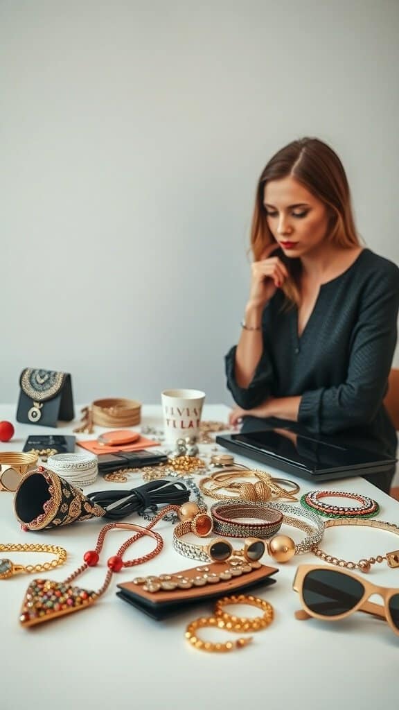 A variety of trendy accessories displayed on a table with a woman contemplating her choices.
