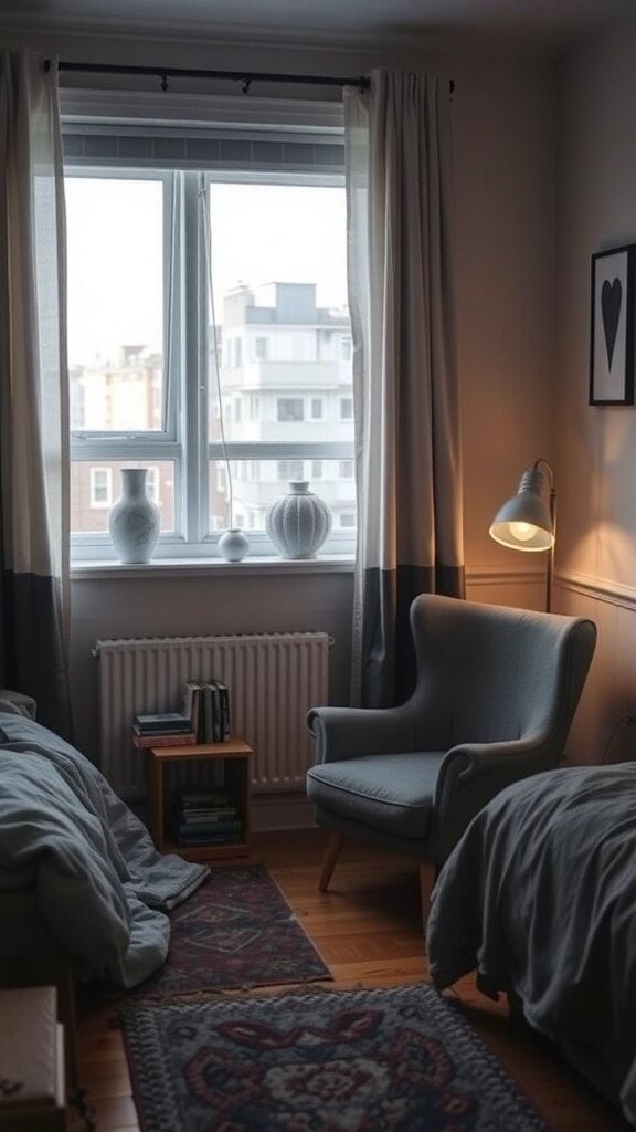 A cozy reading nook with a light blue chair, small table with books, and warm lamp by the window.