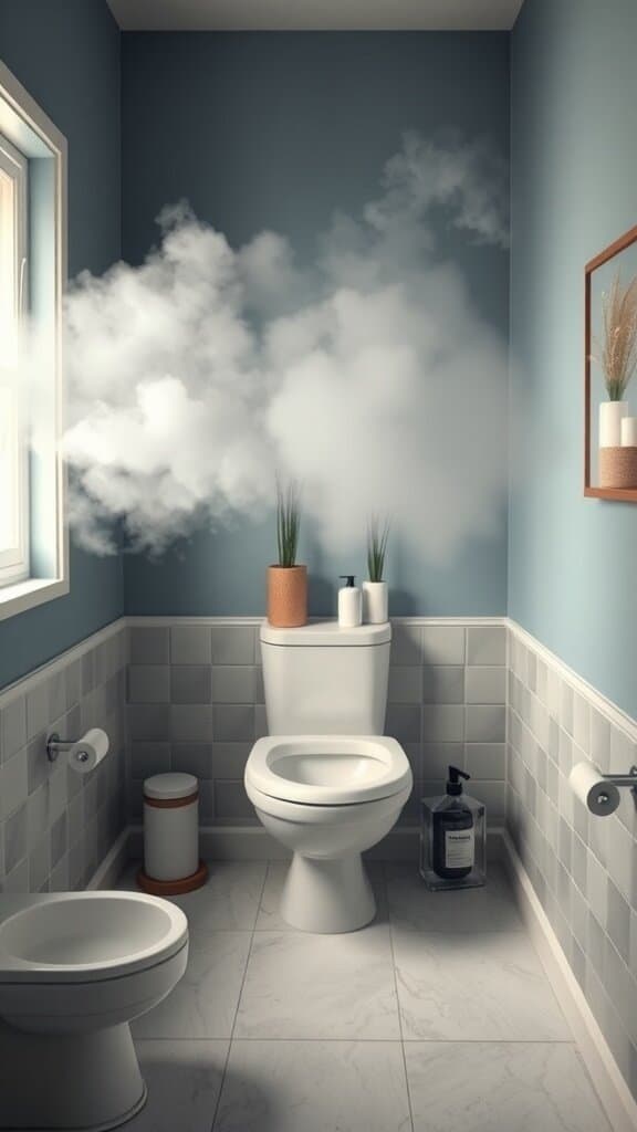 A bathroom with a humorous sign about odors on the wall, featuring a toilet, sink, and towels.