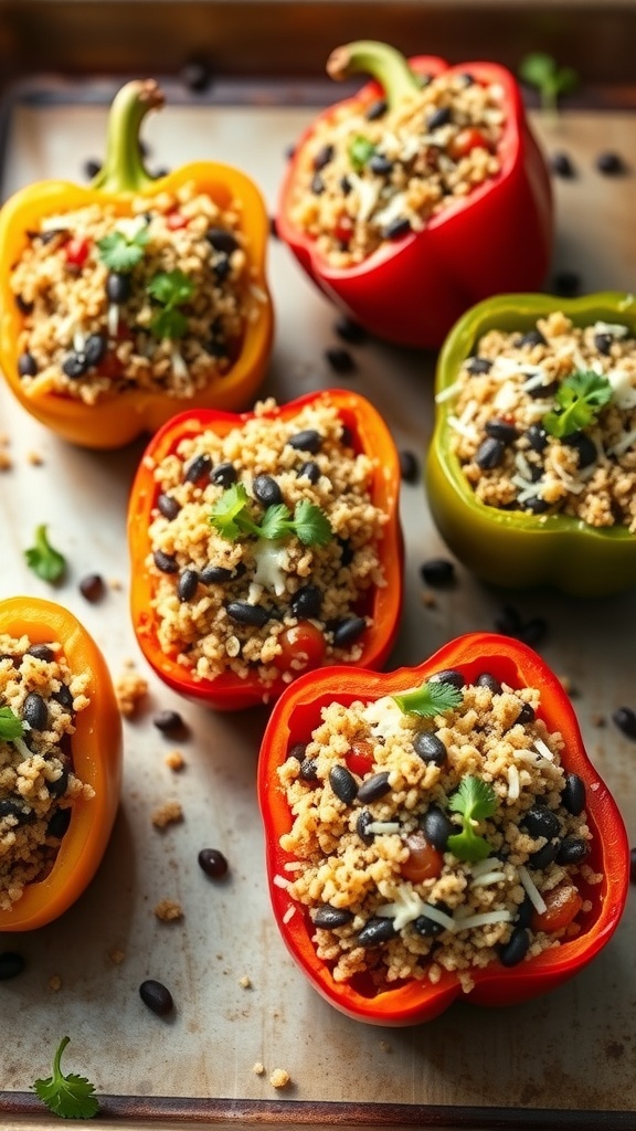 Colorful stuffed bell peppers filled with quinoa, black beans, and cheese, ready for baking.