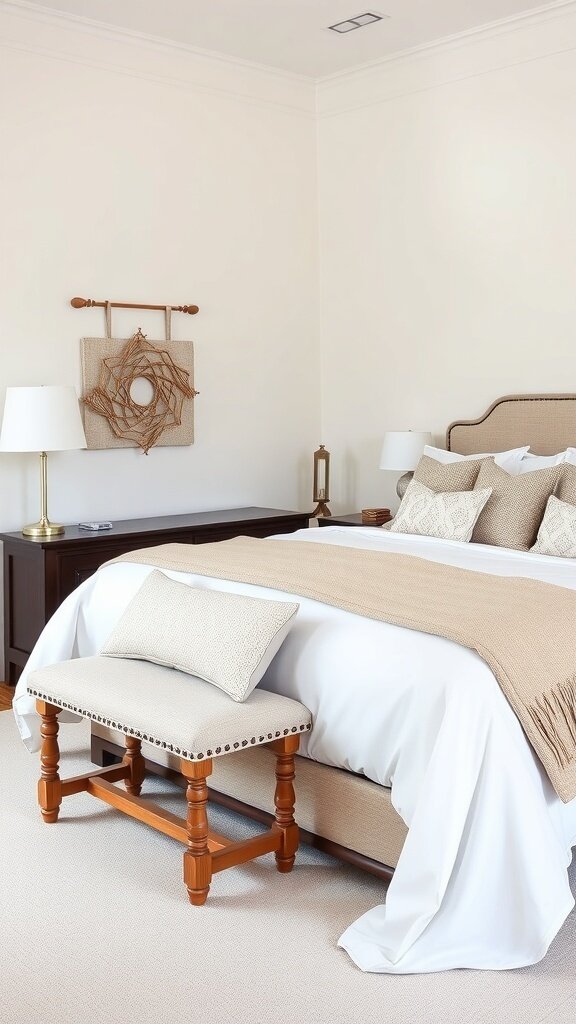 A cozy bench at the foot of a neatly made bed in a stylish bedroom.