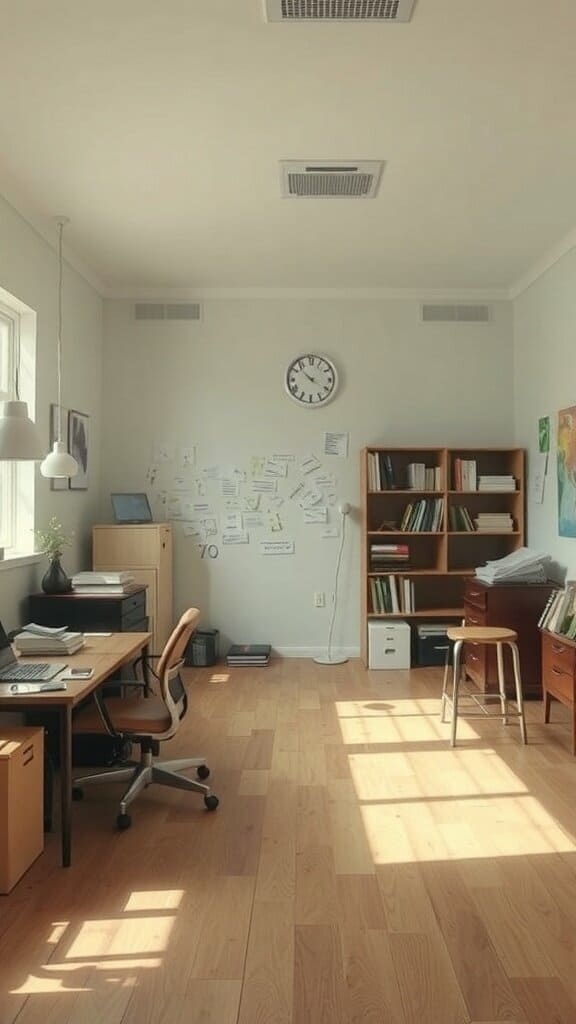 An office space with scattered furniture and papers, lacking a clear focal point.
