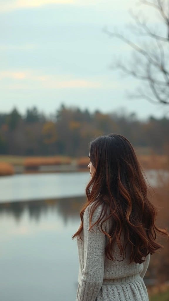 A woman with long hair looking at a calm body of water, symbolizing self-reflection and emotional intelligence.