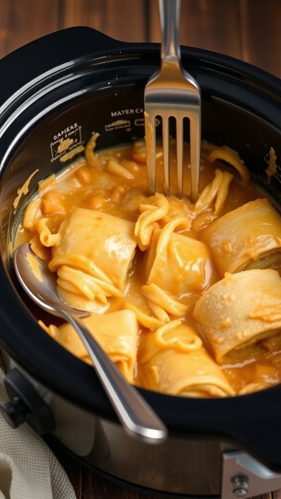 A slow cooker filled with cabbage roll casserole, featuring rolled cabbage leaves in a light sauce.