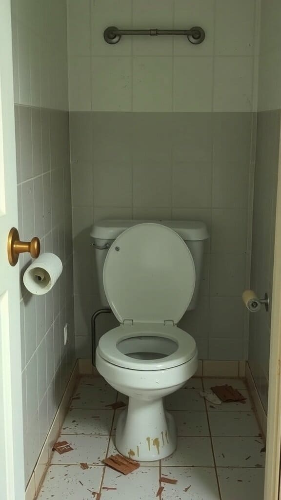 An old and broken toilet in a bathroom with debris on the floor.