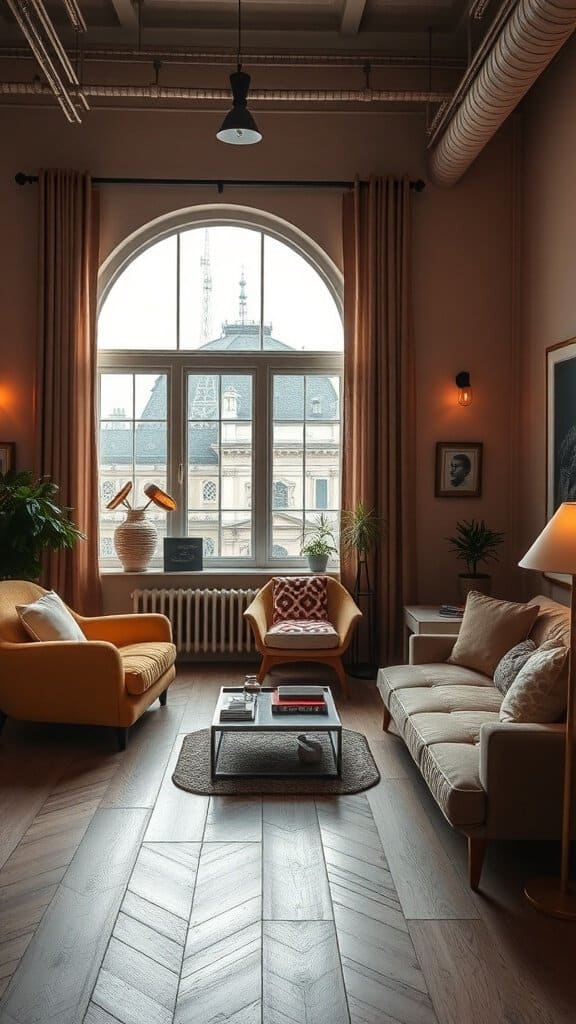 A stylish living room with modern furniture and large windows.