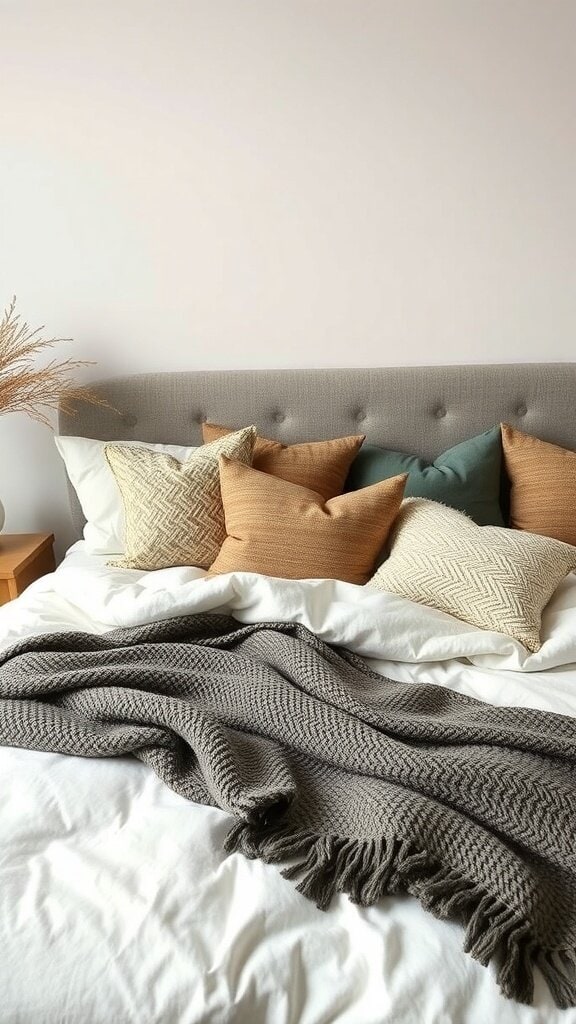 A cozy bed with layered textures, featuring a gray throw blanket and various pillows in warm tones.
