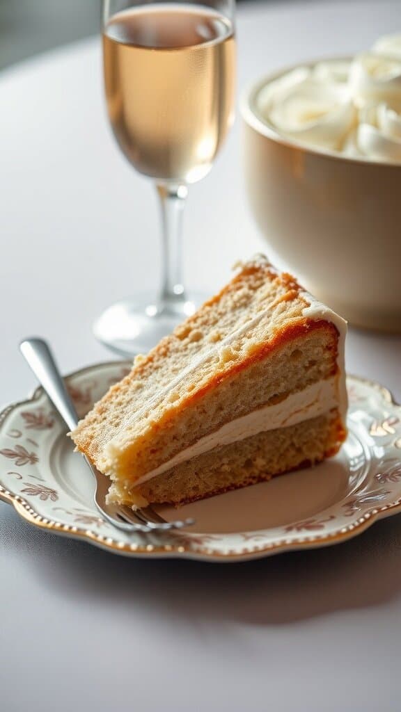 A slice of wedding cake on a decorative plate with a glass of sparkling wine in the background.