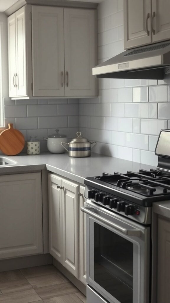 A cozy kitchen with a gas stove and cabinets, illustrating a potential source of gas leaks.