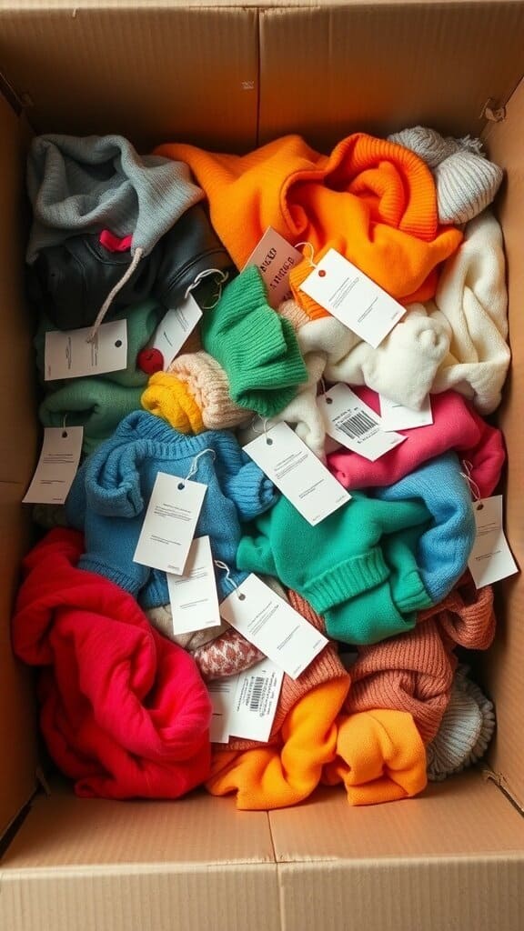 A box filled with colorful sweaters, all with tags still attached, representing clothing gifts that may be returned.