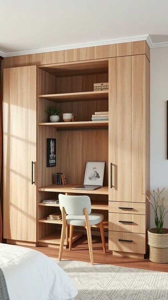 A wooden wardrobe with an integrated desk space, featuring shelves and drawers.
