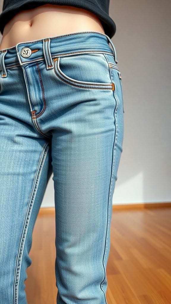 A close-up view of a pair of light blue jeans with visible stretch, highlighting the waistband and pockets.