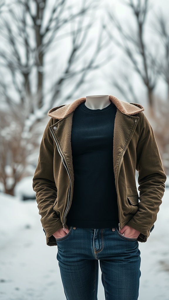 A mannequin wearing a long sleeve top and a jacket, set against a snowy background.