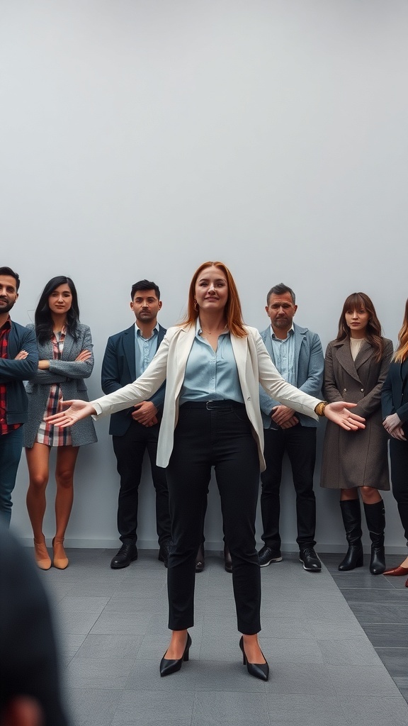 A confident woman stands in front of a group, showcasing open body language.