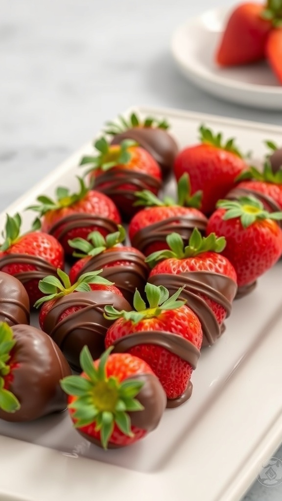 A platter of chocolate-covered strawberries, some drizzled with chocolate, ready for an Easter brunch.