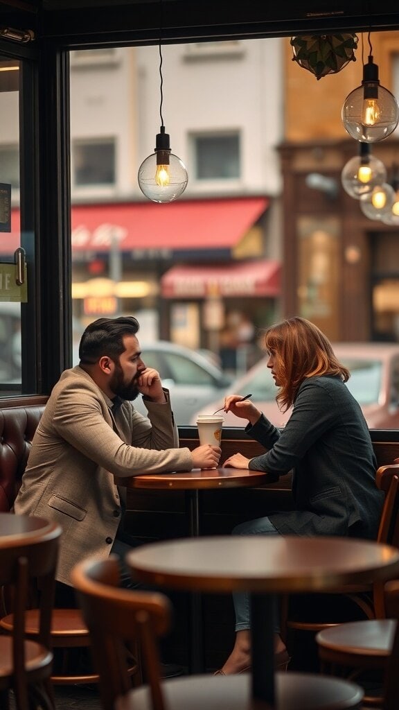 A man and a woman engaged in a deep conversation at a café, highlighting the importance of open communication in relationships.