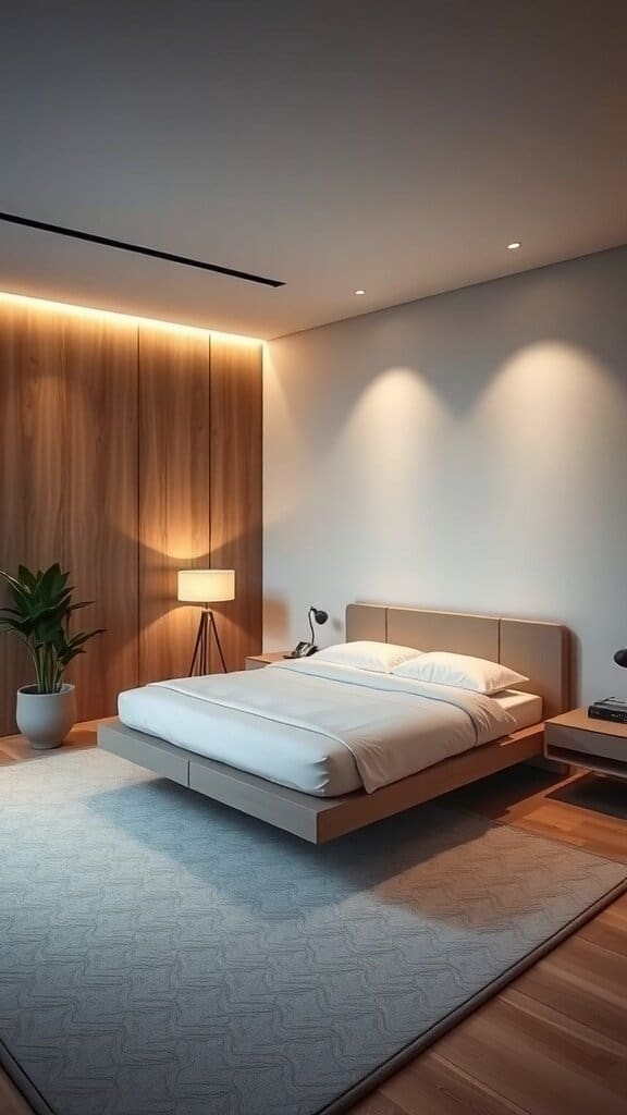A modern bedroom featuring a floating bed design with warm wood accents and soft lighting.