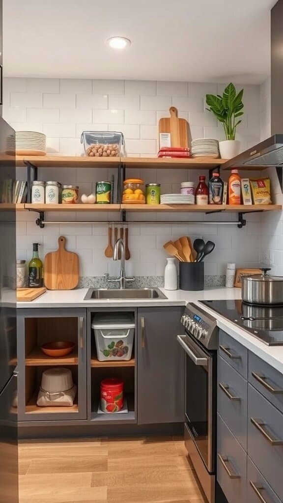 A modern kitchen with open shelving displaying plates and jars, and lower cabinets with clear bins for easy access.