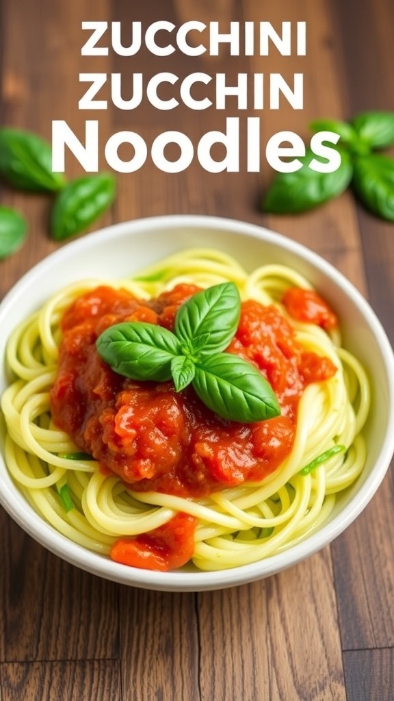 Bowl of zucchini noodles topped with marinara sauce and basil