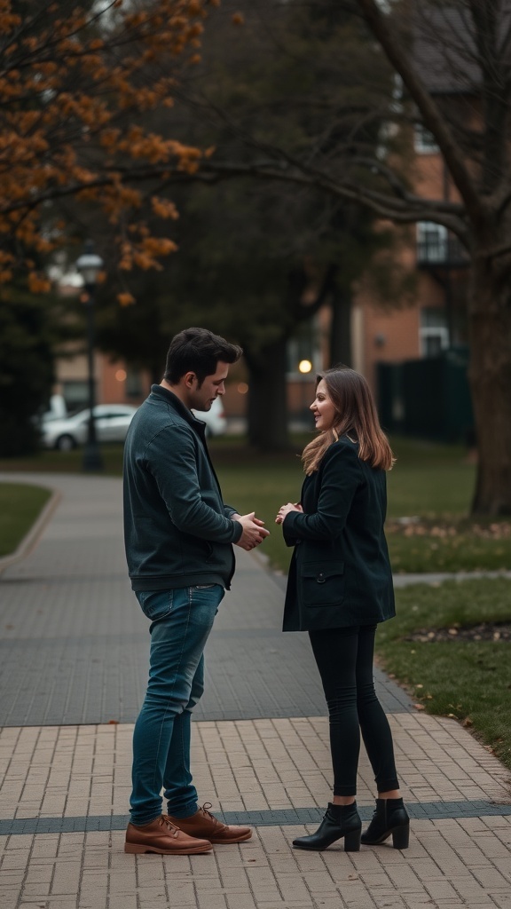 A couple engaged in a heartfelt conversation in a park.