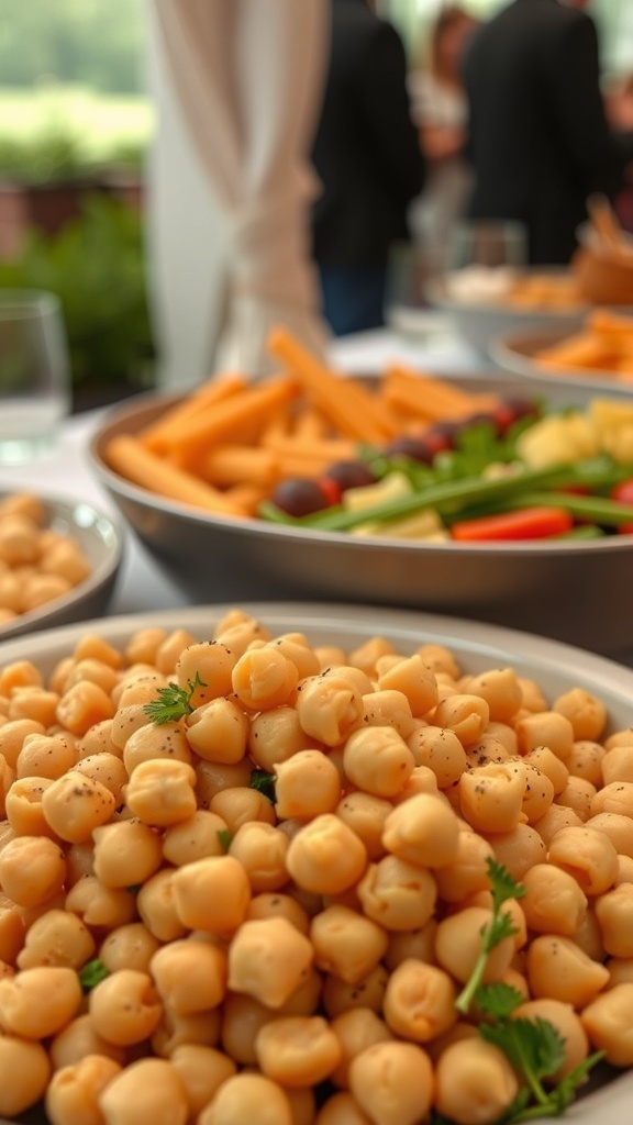 A bowl of unseasoned chickpeas with pasta salad ingredients in the background.