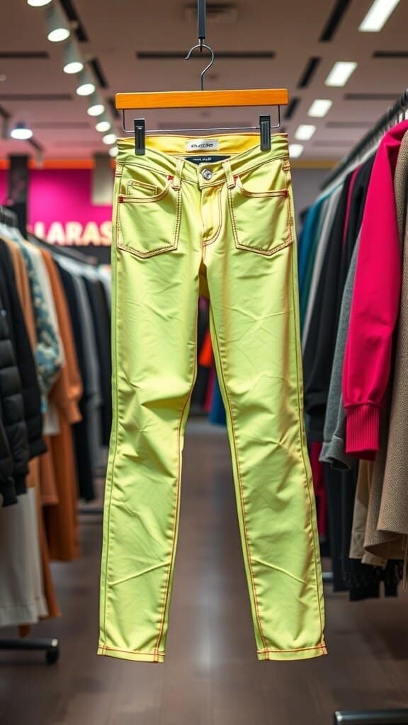 A pair of neon yellow jeans displayed in a clothing store.