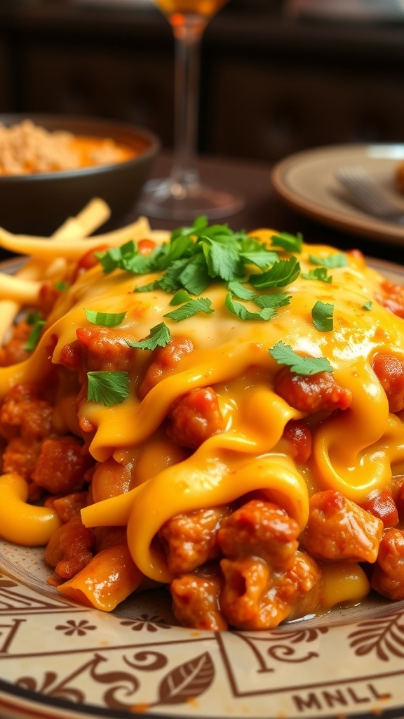 A plate of Chili Mac Casserole topped with melted cheese and fresh herbs.