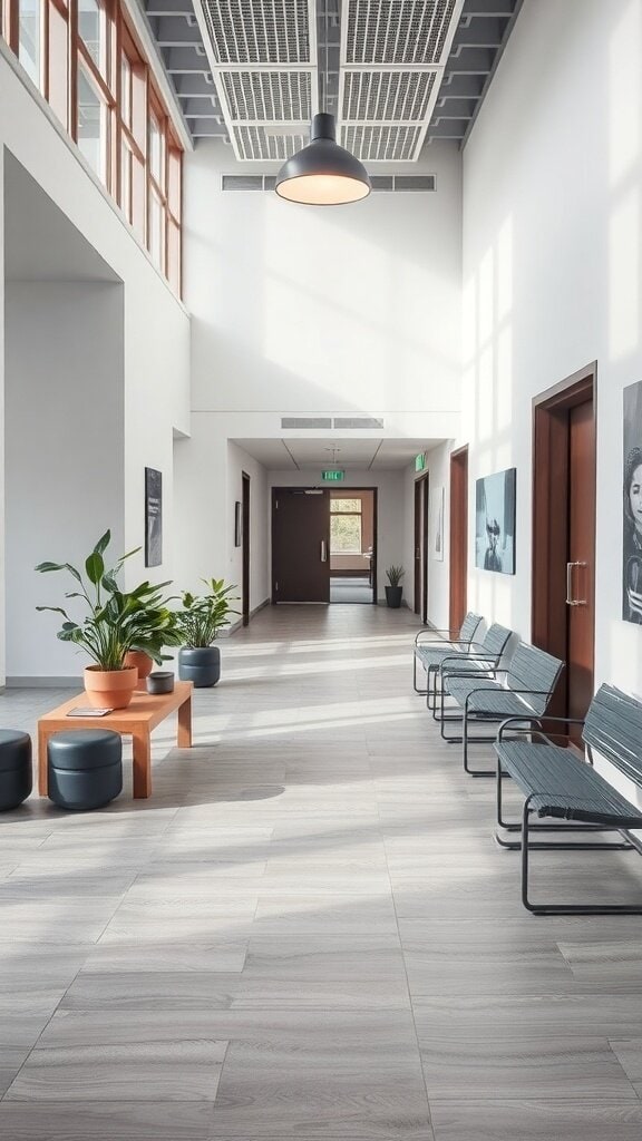 A spacious and well-lit hallway with plants and seating, designed for accessibility.